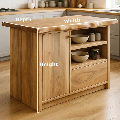 Solid Wood Kitchen Island with Cabinet and Open Shelves, Modern Oak Kitchen Prep Table Kitchnce