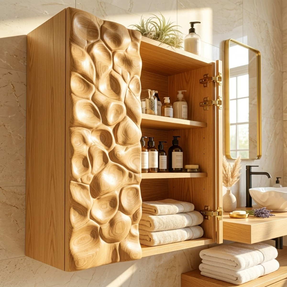 Floating Bathroom Cabinet, Modern Sculpted Wall Mounted Vanity Storage Organizer