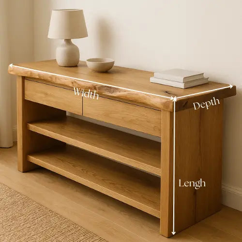 Handcrafted Solid Wood Live Edge Console Table – Natural Oak with Drawers and Open Shelves Kitchnce
