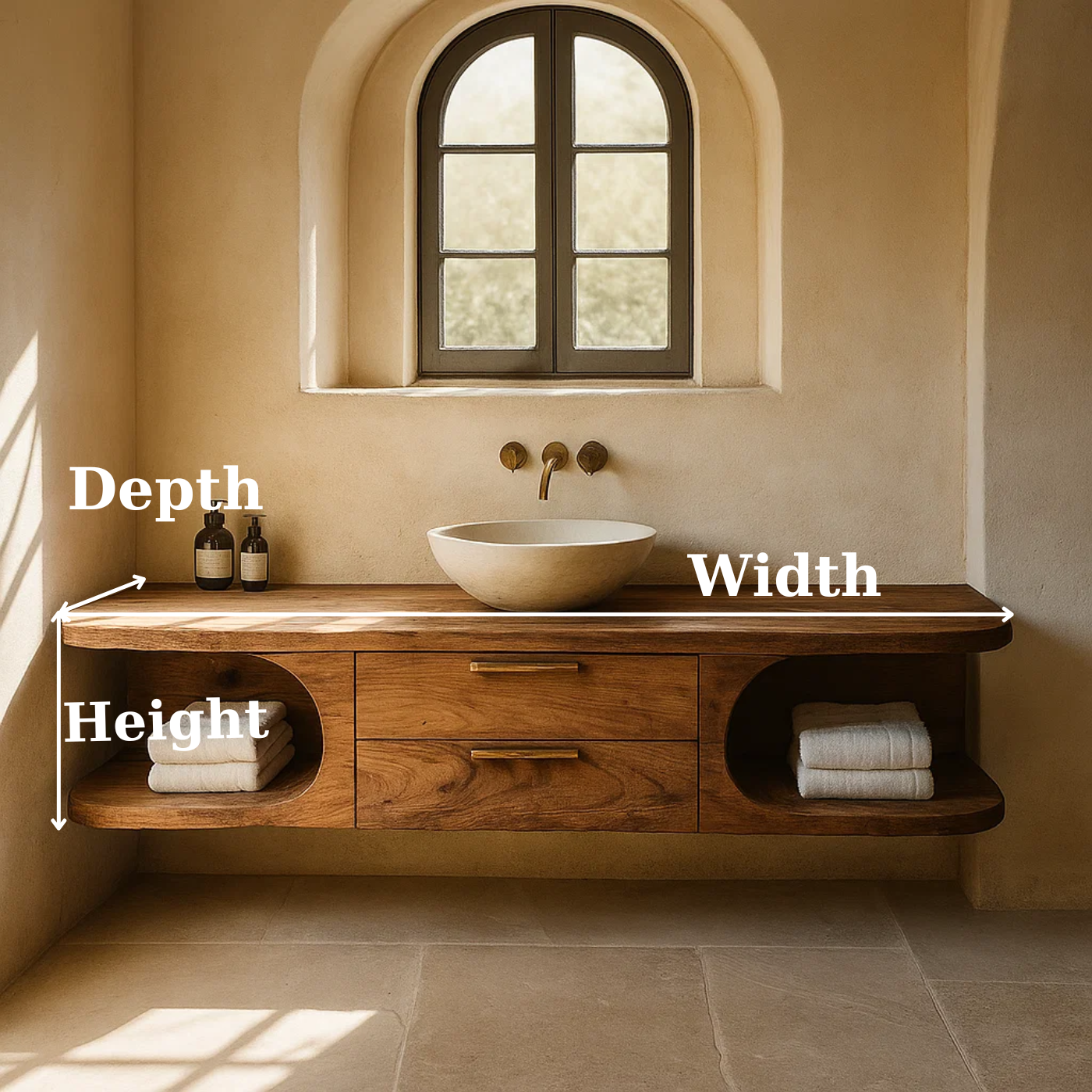 Handcrafted Solid Wood Floating Vanity - Organic Console with Curved Edges and Storage Nooks Kitchnce