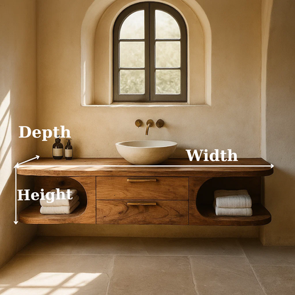 Handcrafted Solid Wood Floating Vanity - Organic Console with Curved Edges and Storage Nooks Kitchnce