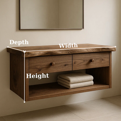 Handcrafted Solid Wood Floating Vanity - Live Edge Walnut Console with 2 Drawers & Open Shelf Kitchnce