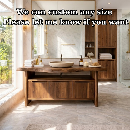 Live Edge Solid Wood Bathroom Vanity with Three Drawers and Open Shelf for Modern Luxury Bathrooms