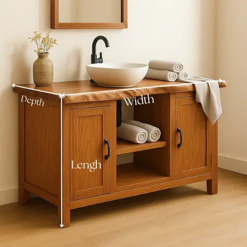 Handcrafted Solid Wood Bathroom Vanity – Live Edge Top with Dual Cabinets and Open Shelf Kitchnce