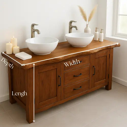 Handcrafted Double Sink Bathroom Vanity – Solid Wood Live Edge Countertop with Drawers & Cabinets – Rustic Modern Design for Natural Interiors Kitchnce