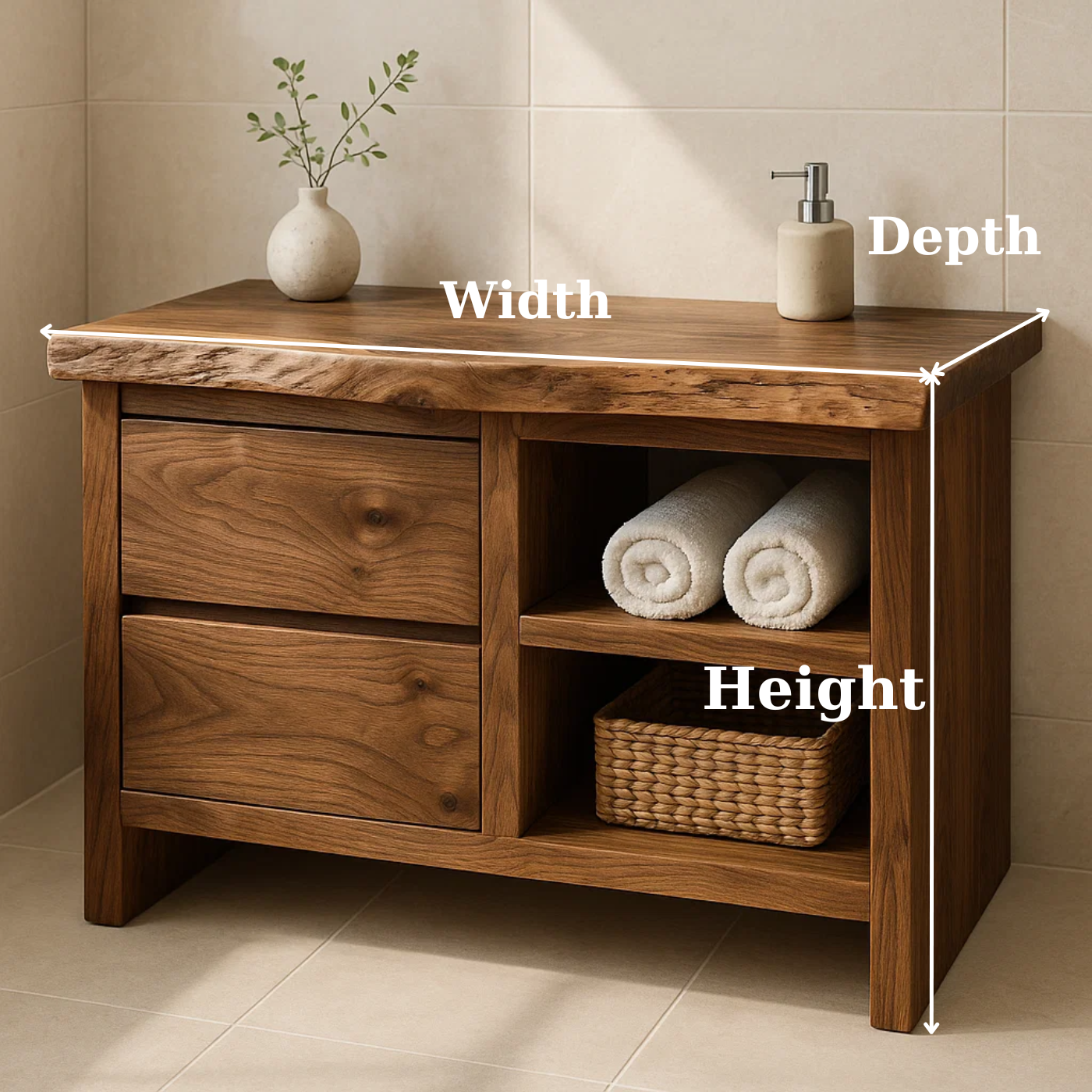Handcrafted Solid Wood Bathroom Vanity - Rustic Drawers & Open Shelf Kitchnce