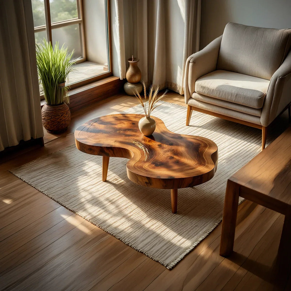 Freeform Natural Wood Coffee Table with Smooth Contoured Edge
