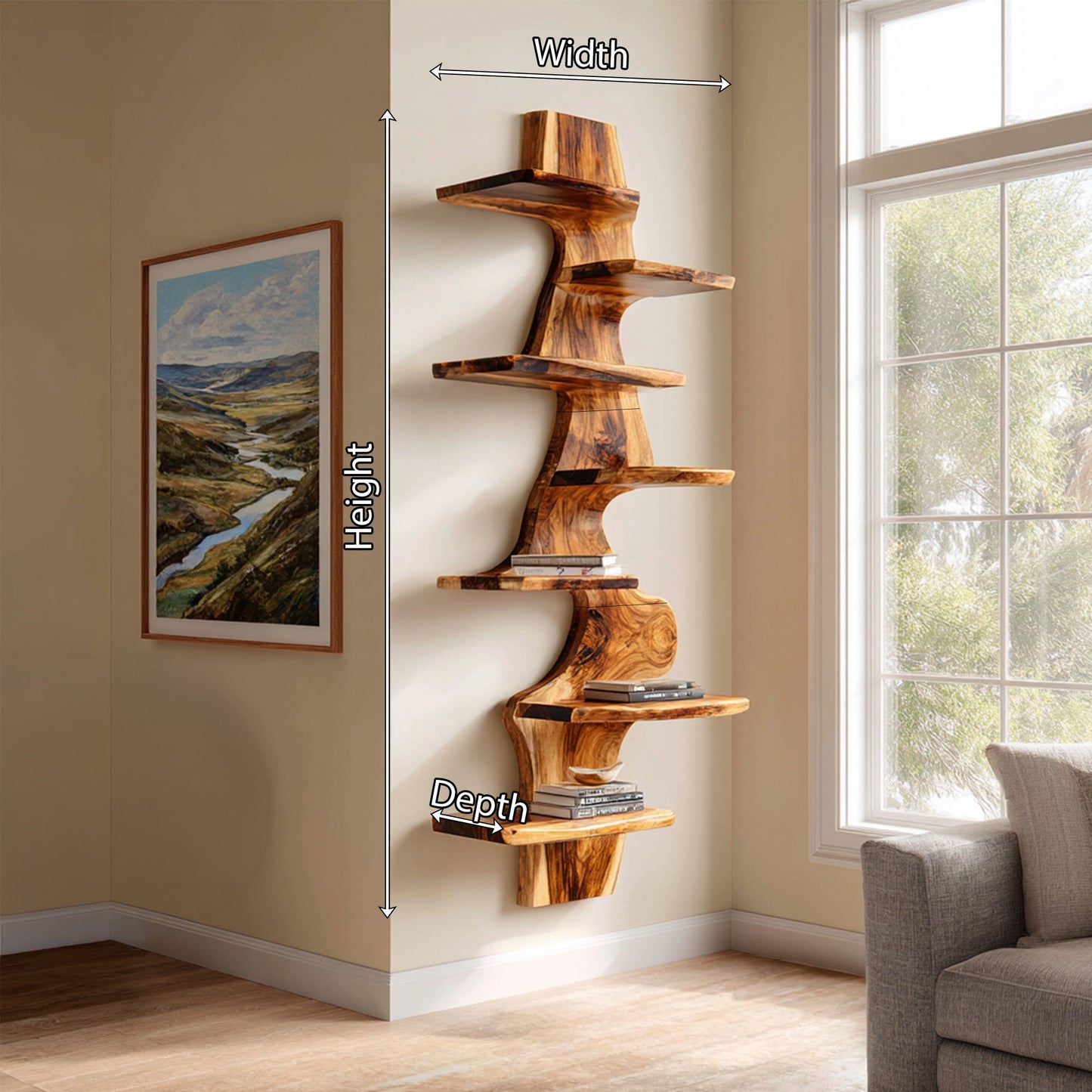 Vertical Wood Corner Wall Shelf With Sculptural Display