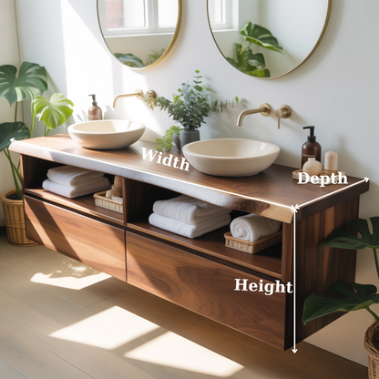 Handcrafted Solid Wood Floating Bathroom Vanity with Open Shelves & Soft-Close Drawers Kitchnce