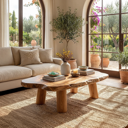Live Edge Coffee Table with Rounded Slab Top and Solid Legs