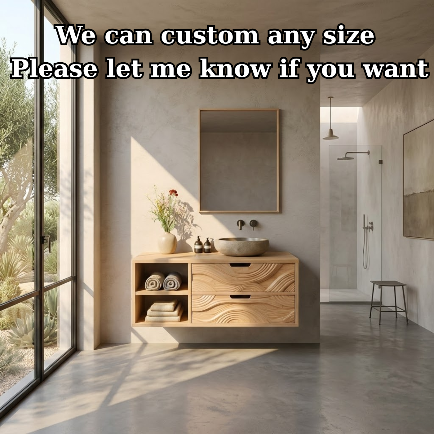 Floating Solid Wood Bathroom Vanity with Sculpted Wave Drawers and Open Shelf – Modern Organic Bathroom Cabinet Kitchnce