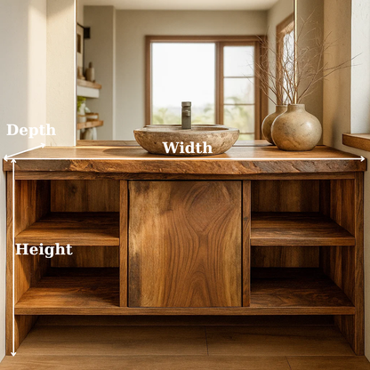 Handcrafted Solid Wood Bathroom Vanity with Central Sliding Door & Open Storage Shelves Kitchnce