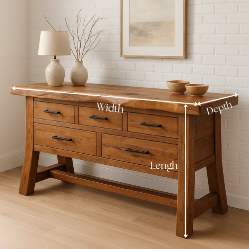 Handcrafted Solid Wood Rustic Console Table with Live Edge Top and Five Drawers Kitchnce