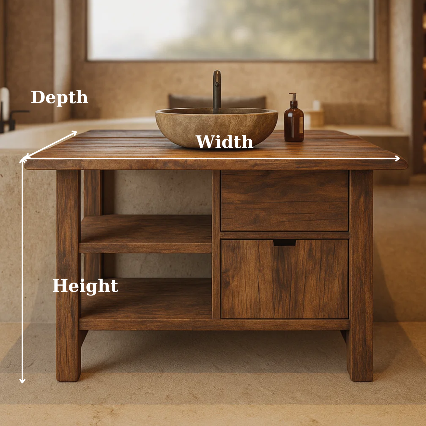 Handcrafted Solid Wood Bathroom Vanity with Open Shelves and Soft-Close Storage Kitchnce