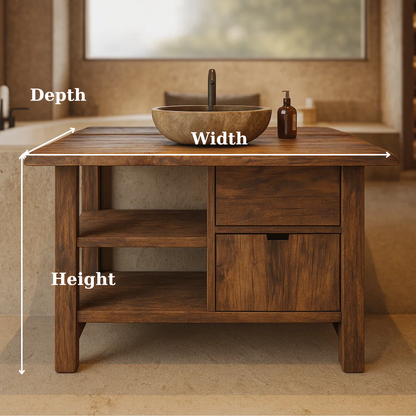 Handcrafted Solid Wood Bathroom Vanity with Open Shelves and Soft-Close Storage Kitchnce
