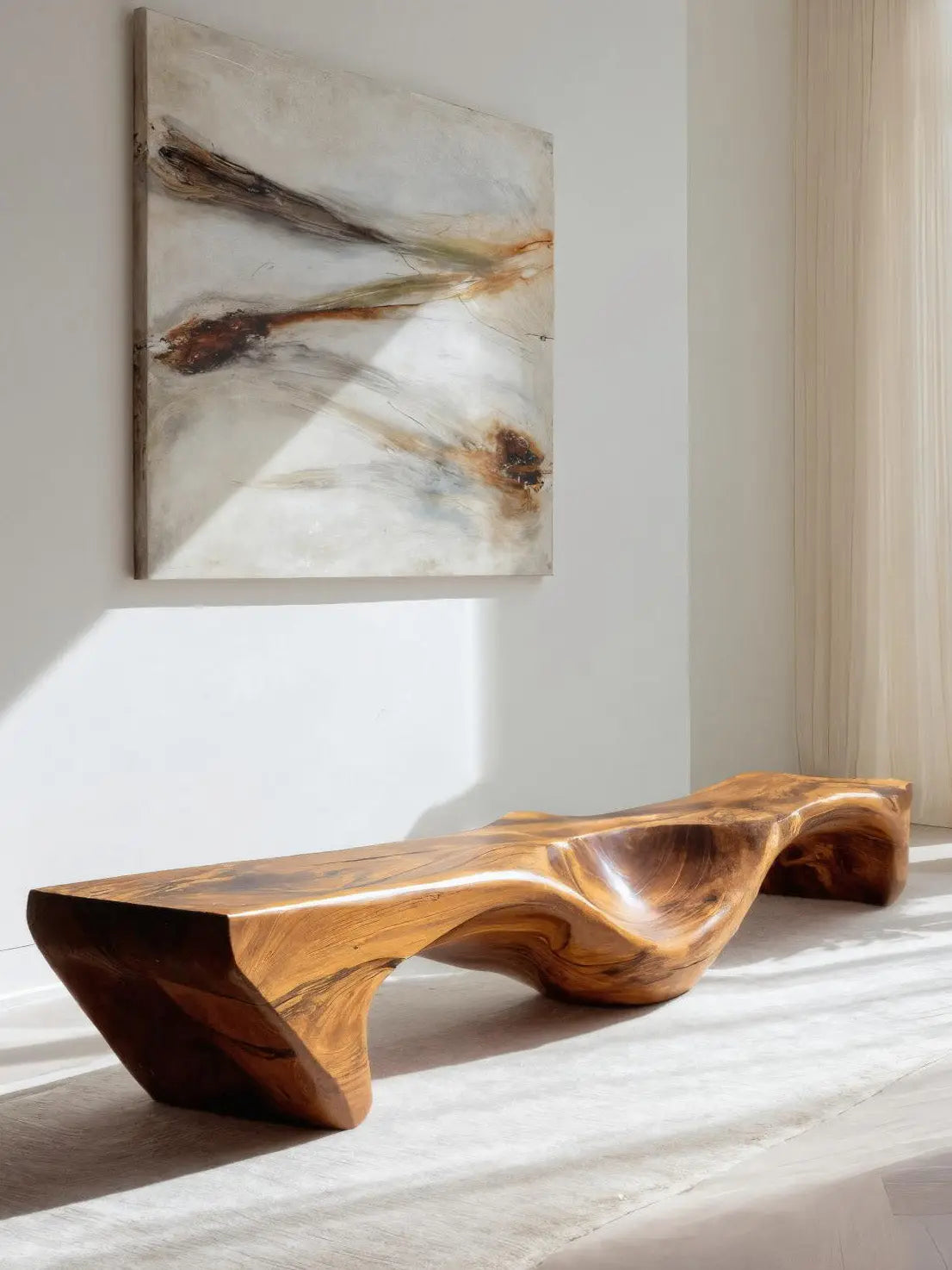 Organic Bench With Carved Wave Design For Living Room Kitchnce