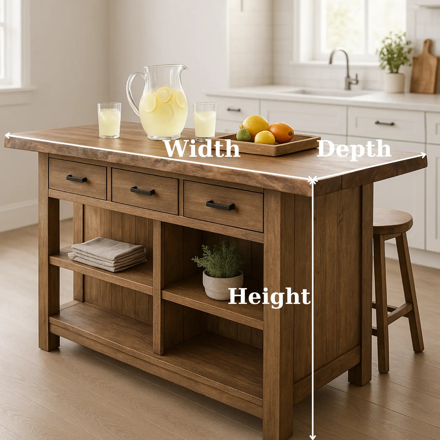 Handcrafted Solid Wood Kitchen Island - Rustic Top, 3 Drawers & Open Shelving Kitchnce