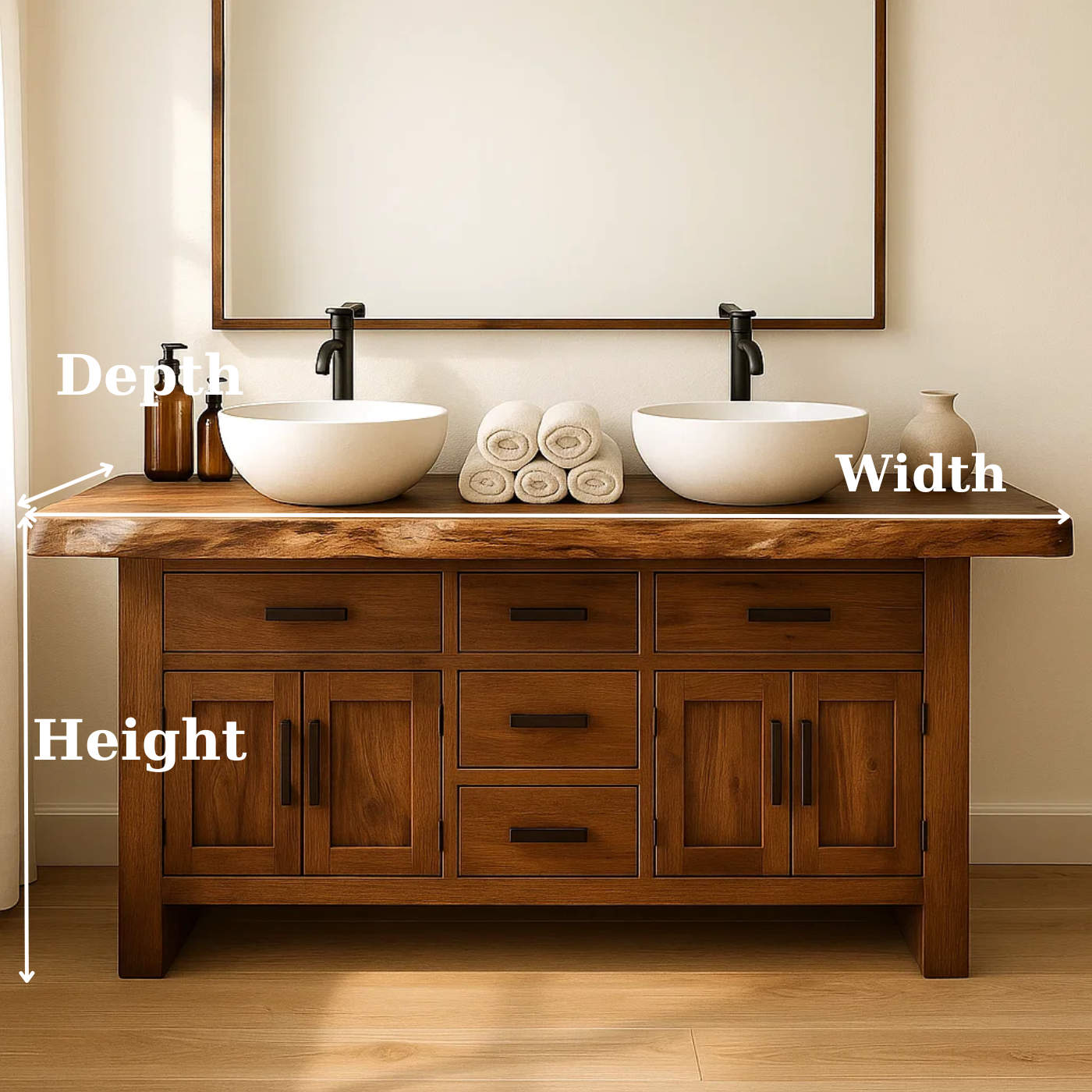 Handcrafted Solid Wood Bathroom Vanity - Live Edge Rustic Cabinet with Doors & Sink Kitchnce