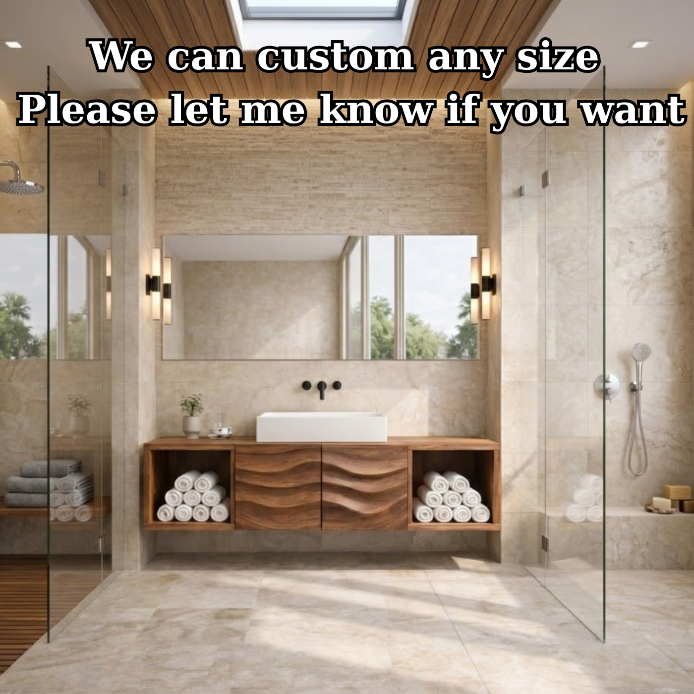 Floating Solid Wood Bathroom Vanity with Wave Textured Doors and Open Shelves