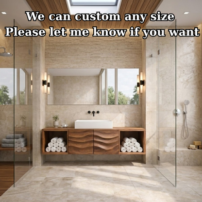 Floating Solid Wood Bathroom Vanity with Wave Textured Doors and Open Shelves