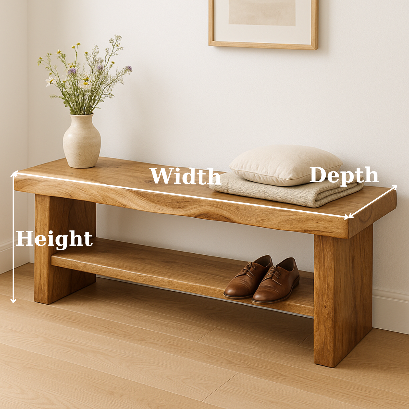 Handcrafted Solid Wood Bench – Live Edge Entryway Seating with Storage Shelf Kitchnce