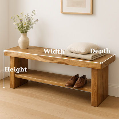 Handcrafted Solid Wood Bench – Live Edge Entryway Seating with Storage Shelf Kitchnce