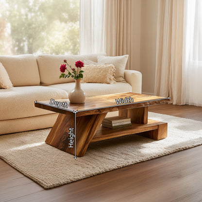 Angled Solid Wood Coffee Table With Open Shelf