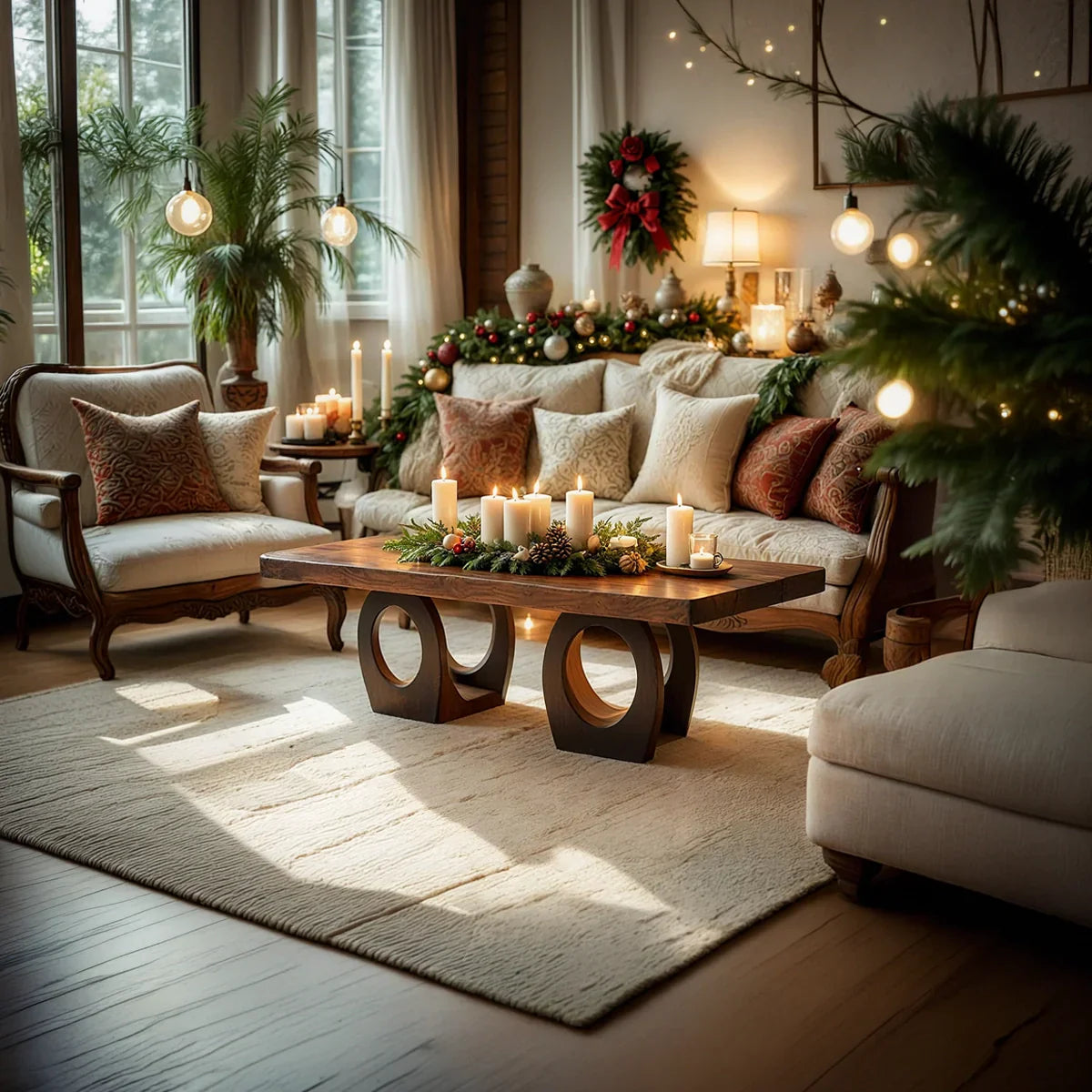 Natural Wood Coffee Table with Dual Circular Open Frame Base
