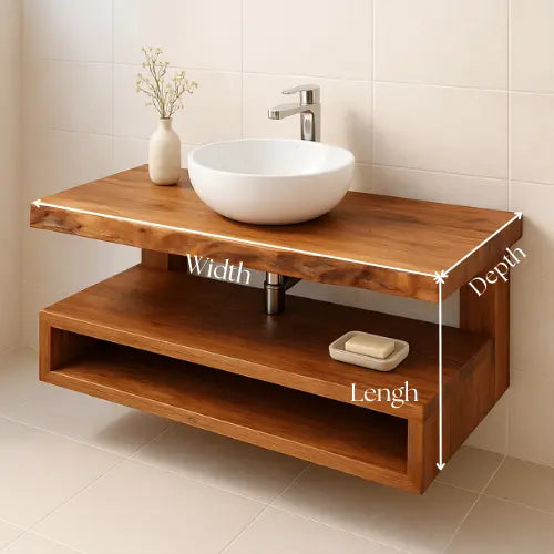 Handcrafted Floating Solid Wood Bathroom Vanity – Rustic Live Edge Countertop with Open Shelf – Modern Minimalist Design Kitchnce