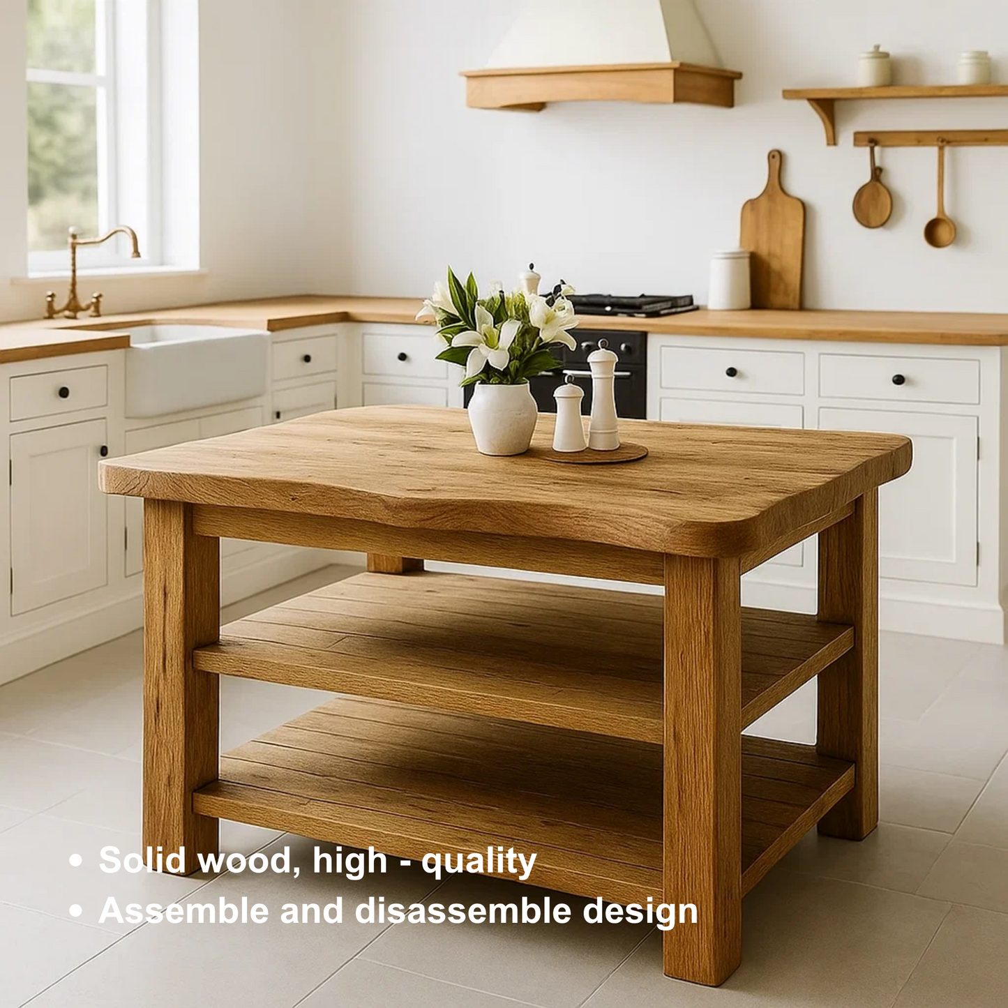 Live Edge Solid Wood Kitchen Island - Rustic Farmhouse Butcher Block with Storage Drawers