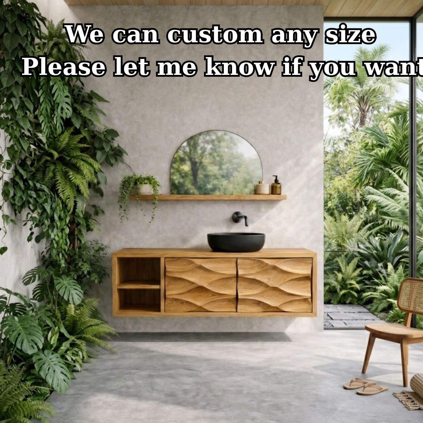 Floating Solid Wood Bathroom Vanity with Carved Double Doors and Open Shelf