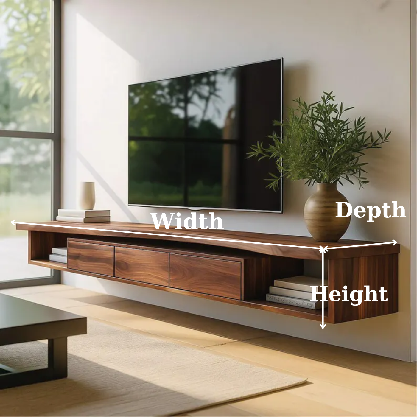 Handcrafted Solid Wood Floating TV Stand, Modern Live Edge Media Cabinet with Drawers Kitchnce