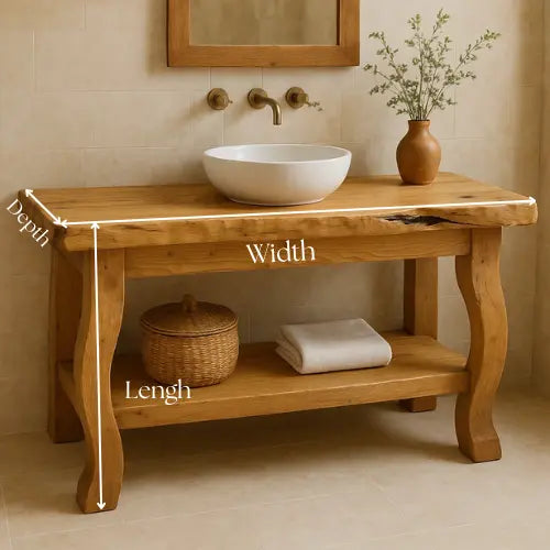 Handcrafted Solid Wood Bathroom Vanity – Live Edge Countertop with Curved Legs and Open Shelf – Rustic Organic Natural Design Kitchnce