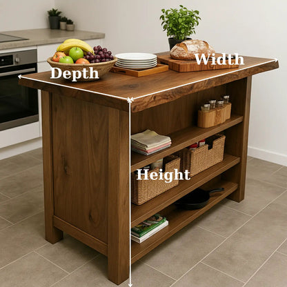 Handcrafted Solid Wood Kitchen Island - Rustic Live Edge & Open Shelves Kitchnce