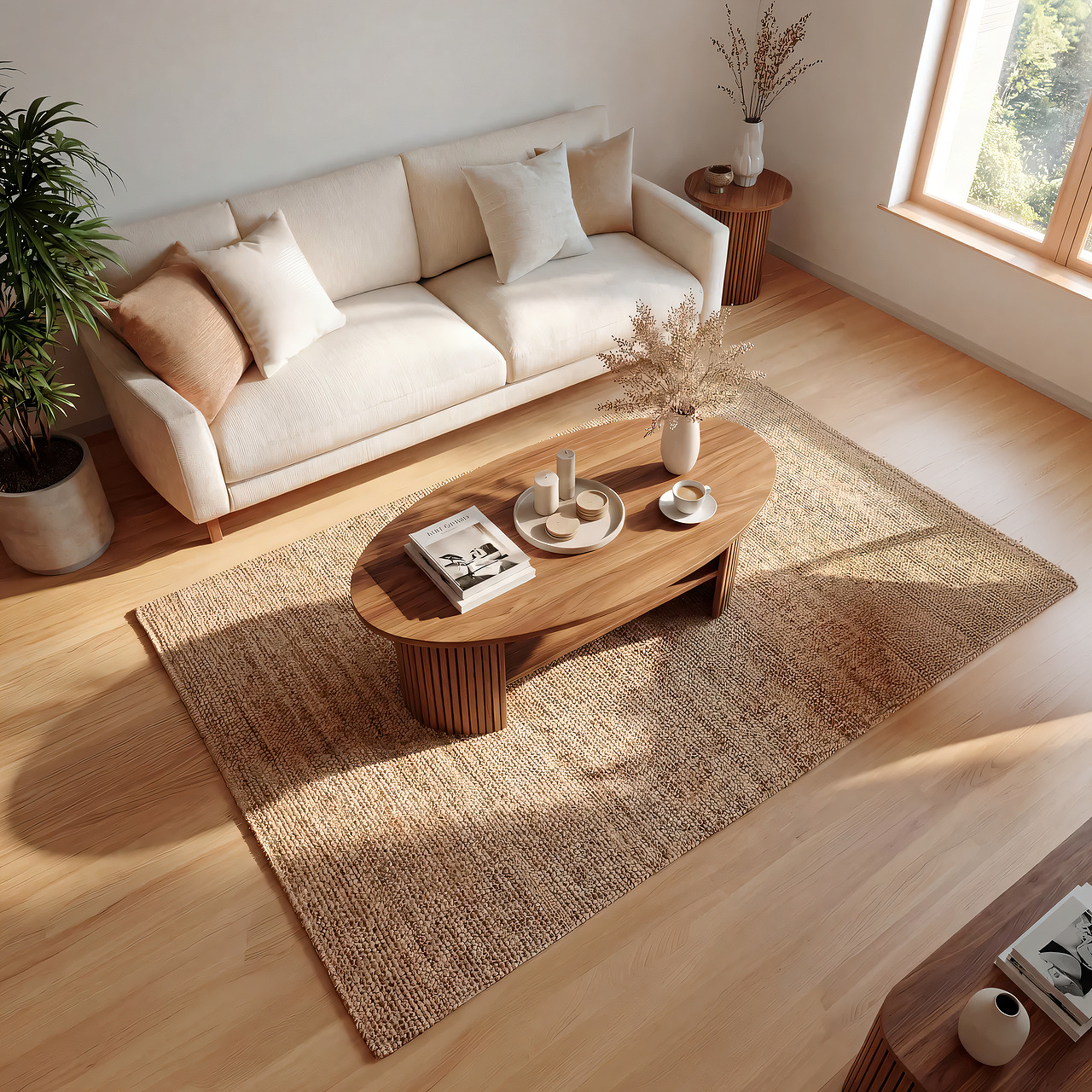 Oval Coffee Table with Fluted Base and Open Shelf Design