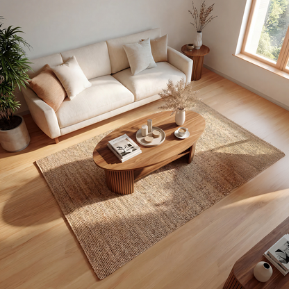 Oval Coffee Table with Fluted Base and Open Shelf Design