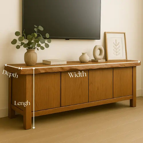 Handcrafted Solid Wood TV Stand with Live Edge Top – Minimalist Japandi Console Table for Living Room Kitchnce