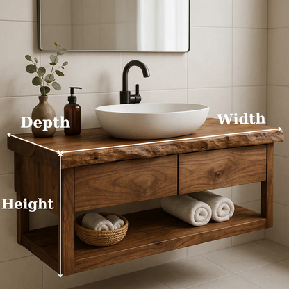 Handcrafted Solid Wood Floating Bathroom Vanity with Live Edge Top - Modern Rustic Washstand Kitchnce