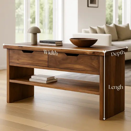 Handcrafted Solid Wood Console Table – Walnut Finish with Drawers and Open Shelf Kitchnce