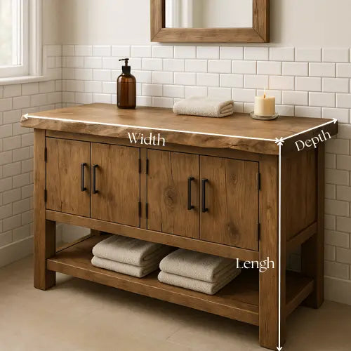 Handcrafted Solid Wood Bathroom Vanity – Live Edge Top with Four Doors & Open Shelf Kitchnce
