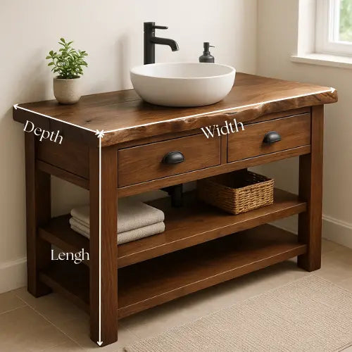 Handcrafted Solid Wood Bathroom Vanity – Live Edge Top with 2 Drawers and Open Shelving Kitchnce
