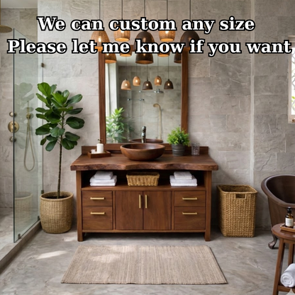 Live Edge Solid Wood Bathroom Vanity with Four Drawers, Double Cabinet Doors and Open Shelf Kitchnce