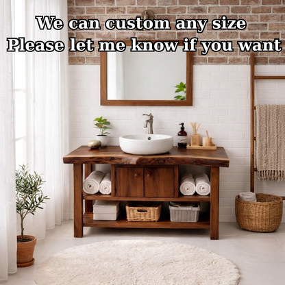 Live Edge Solid Wood Bathroom Vanity with Open Shelves and Storage Cabinet – Rustic Modern Bathroom Vanity Kitchnce