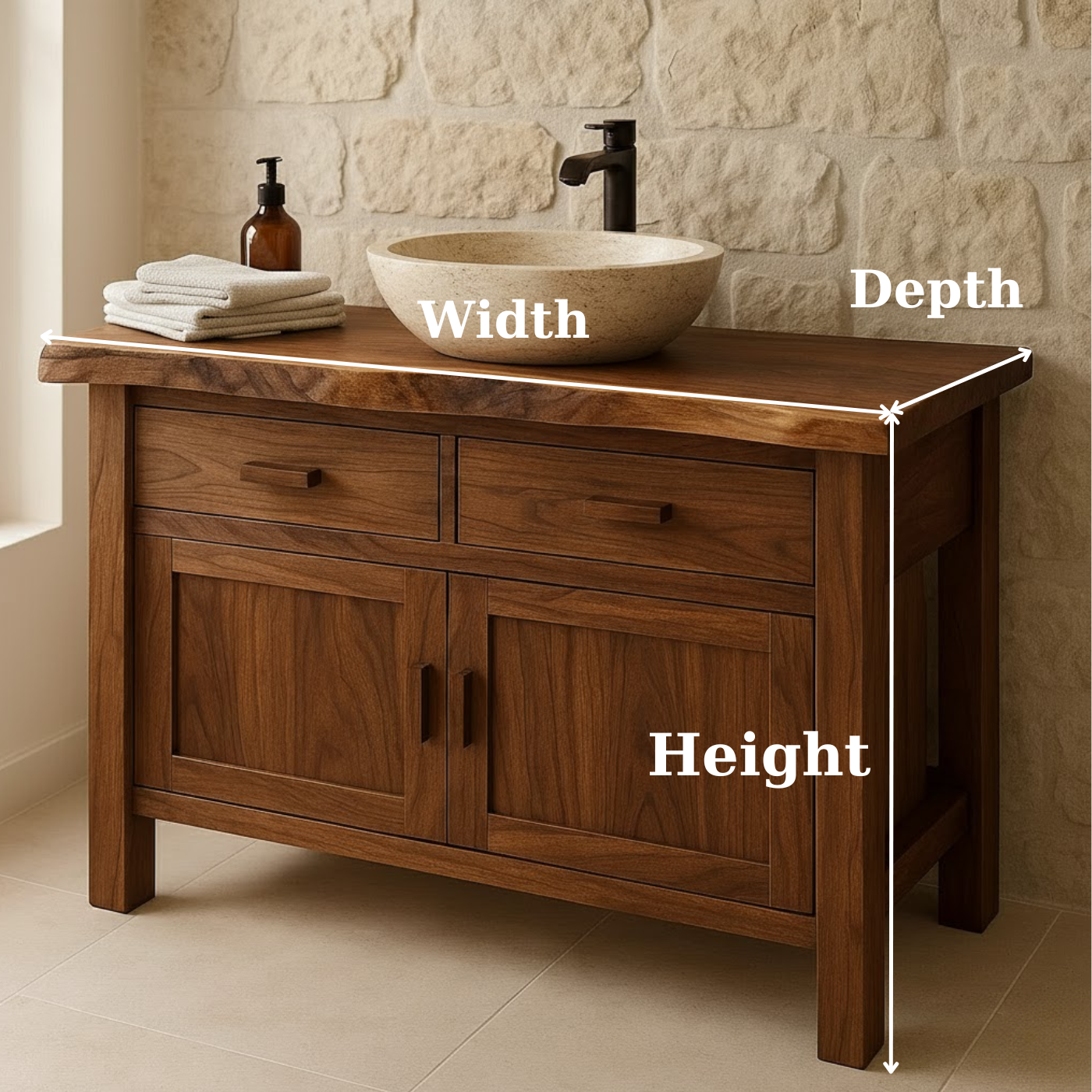 Handcrafted Solid Wood Bathroom Vanity - Live Edge Top Cabinet with Drawers & Doors Kitchnce