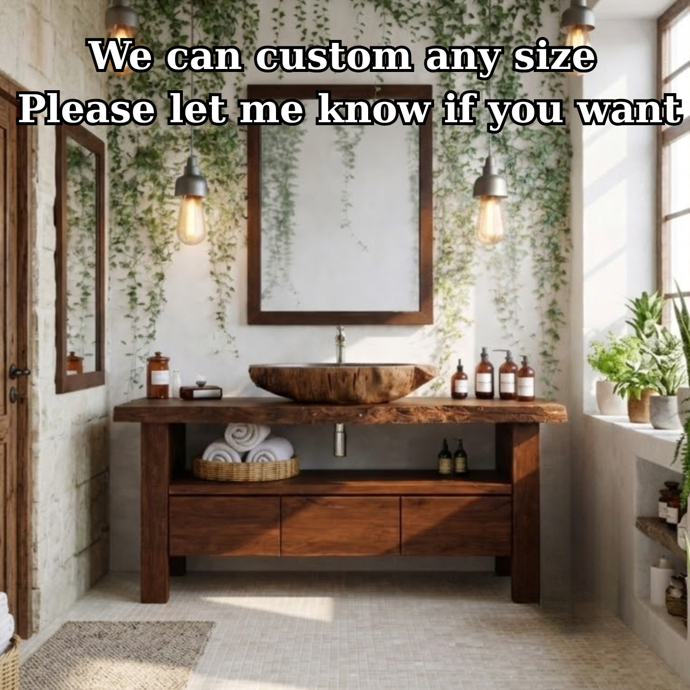 Live Edge Solid Wood Bathroom Vanity with Drawers and Open Shelf – Rustic Natural Wood Bathroom Vanity Kitchnce