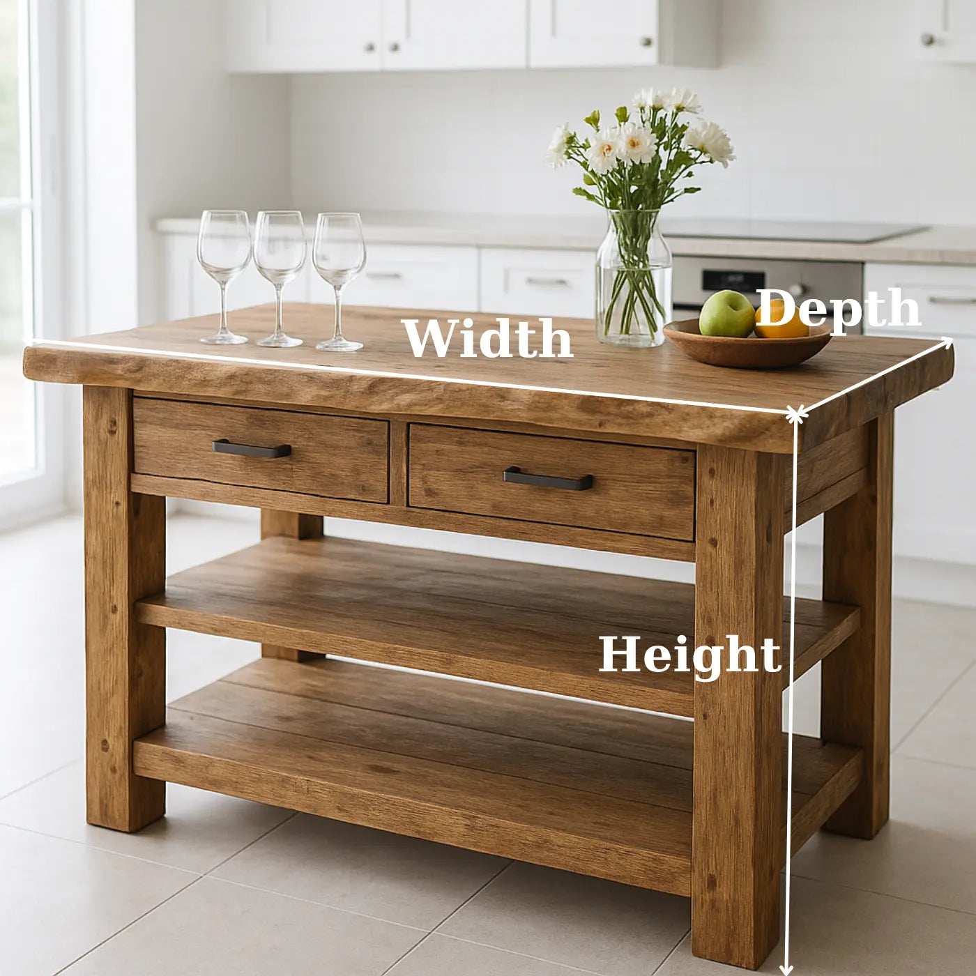 Handcrafted Solid Wood Kitchen Island - Live-Edge Top, 2 Drawers & Shelves Kitchnce
