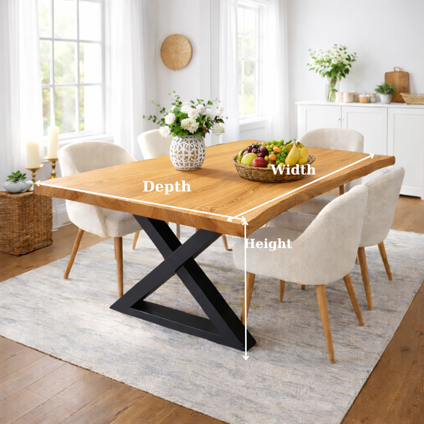 Modern Solid Oak Live Edge Dining Table with Black Steel X Base for Minimalist Homes