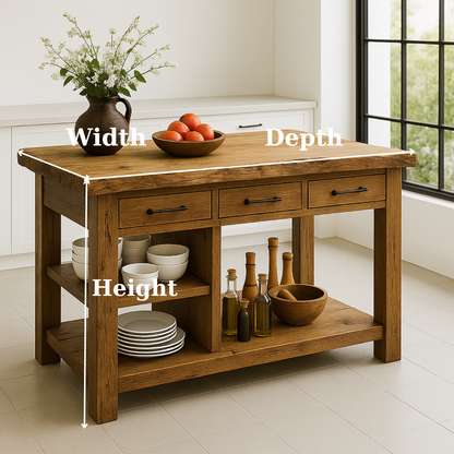 Handcrafted Solid Wood Kitchen Island - Live-Edge Top, 3 Drawers & Shelves Kitchnce