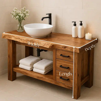 Rustic Solid Wood Bathroom Vanity – Handcrafted Live Edge Countertop with 3 Drawers & Open Shelf – Farmhouse Natural Wood Sink Stand Kitchnce