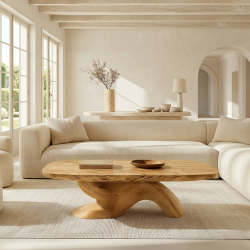 Organic Sculptural Coffee Table with Oval Top, Modern Minimalist Living Room Centerpiece